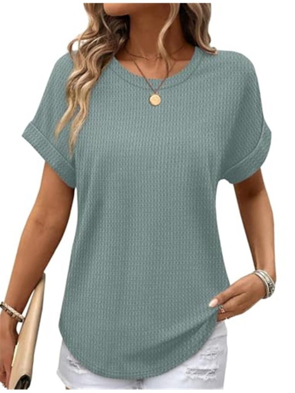 Waffle Knit Short Sleeve Top Women Curved Hem Loose Fit Casual Tunic Tee Shirt